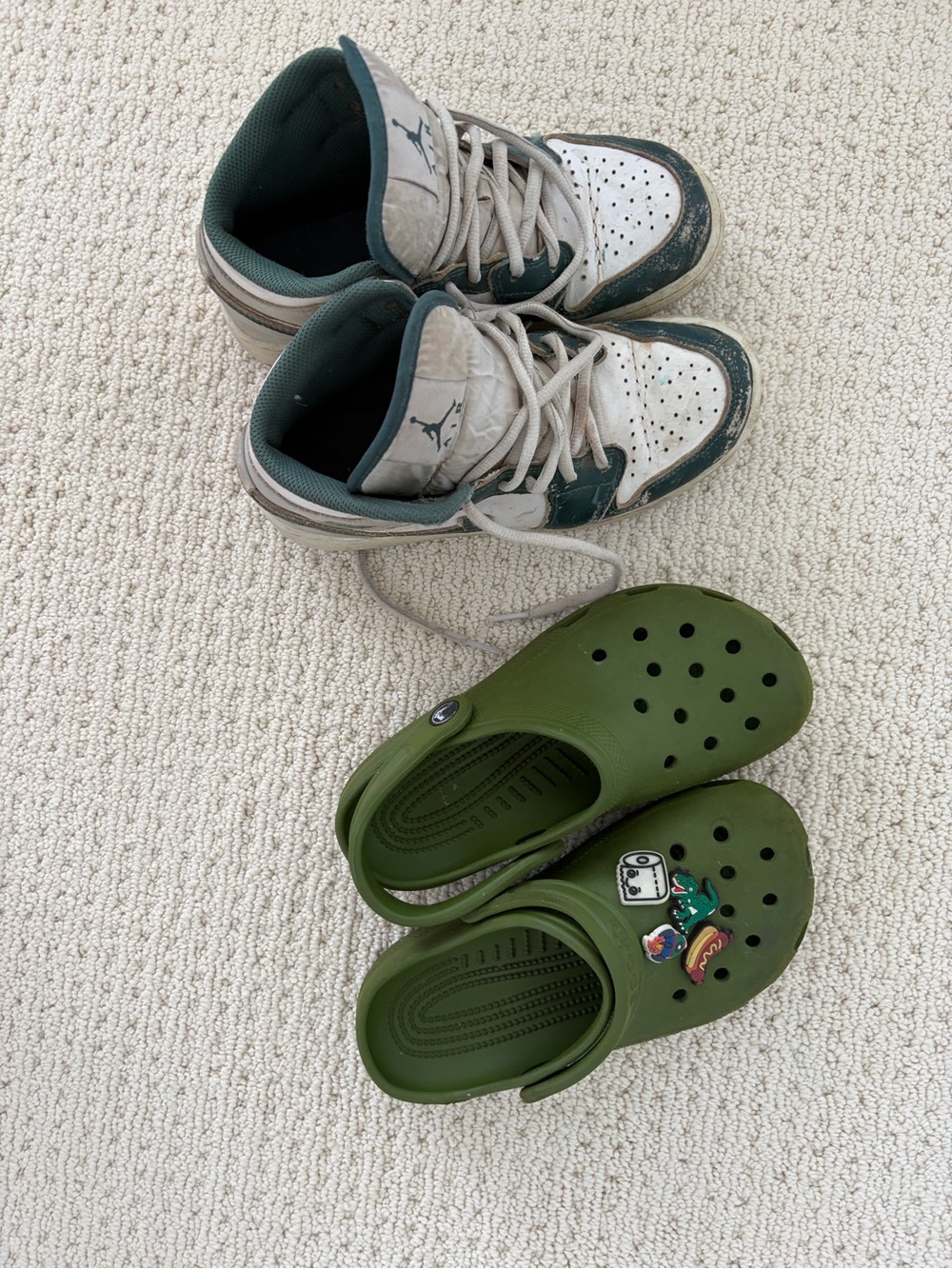 Jordan Kids White and Dark Green High-Top Sneakers and Green Kids Crocs